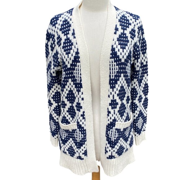 Madewell Contrast Fair Isle Cardigan Blue Open Nordic Alpaca Wool Chunky Cozy-XS - Picture 1 of 13
